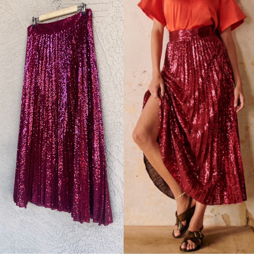 SEZANE NWT Fuchsia Pink Red Festive Sequin Pleated Dilo Midi Maxi Skirt